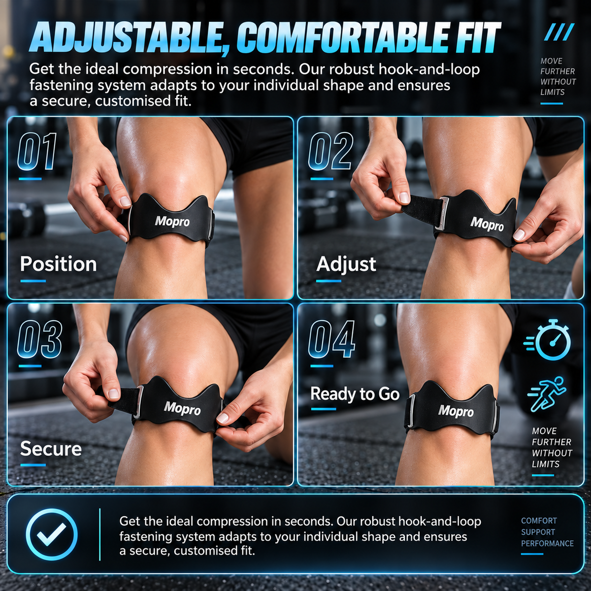 💧MoproPrecision Knee Support Strap – 2026 Upgraded Patella Support Band Adjustable, Non-Slip, Shock-Absorbing & Breathable Knee Support for Running, Cycling & Fitness