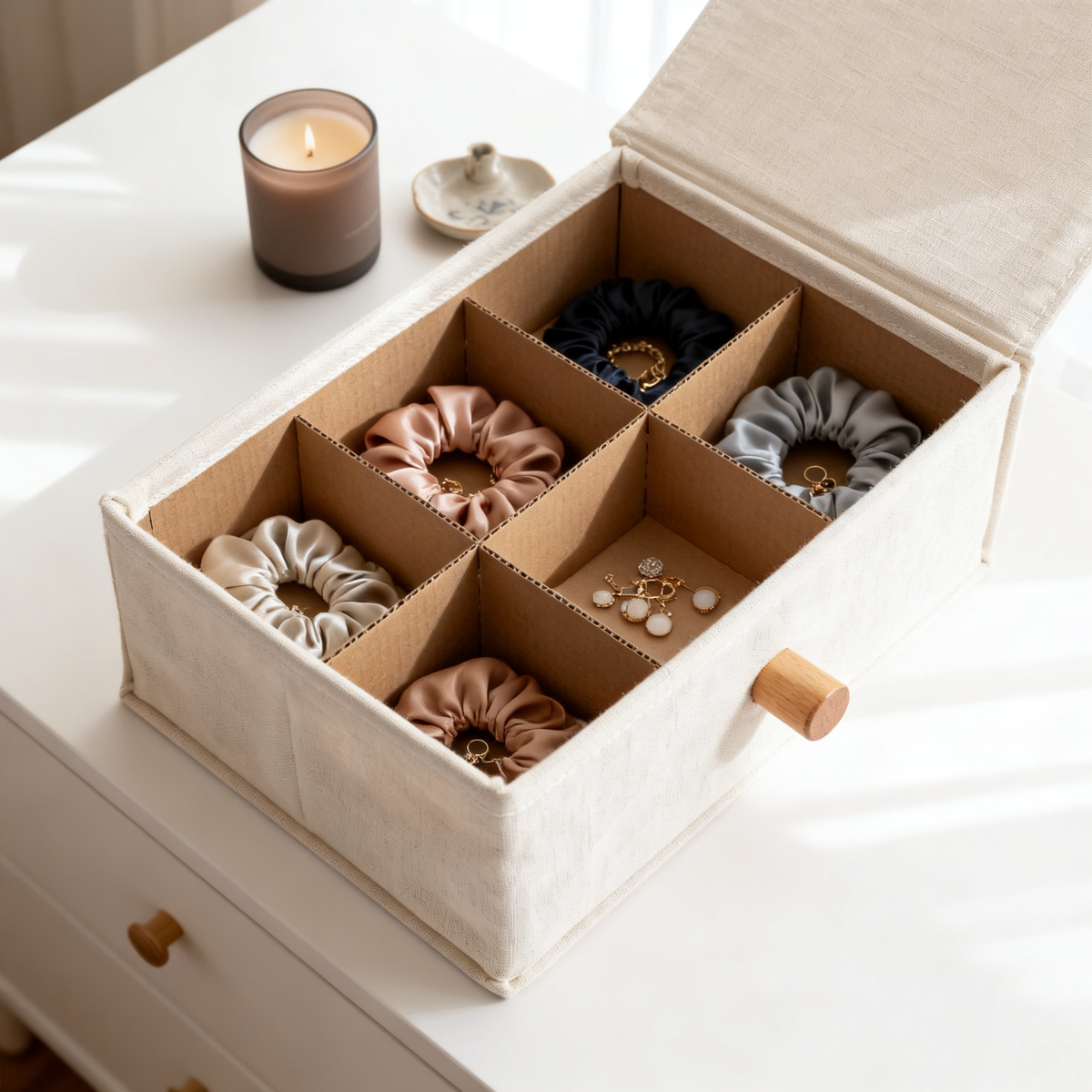 Sock Drawer Organizer — 6-Slot Bamboo Wood Divider Box with Removable Washable Cover