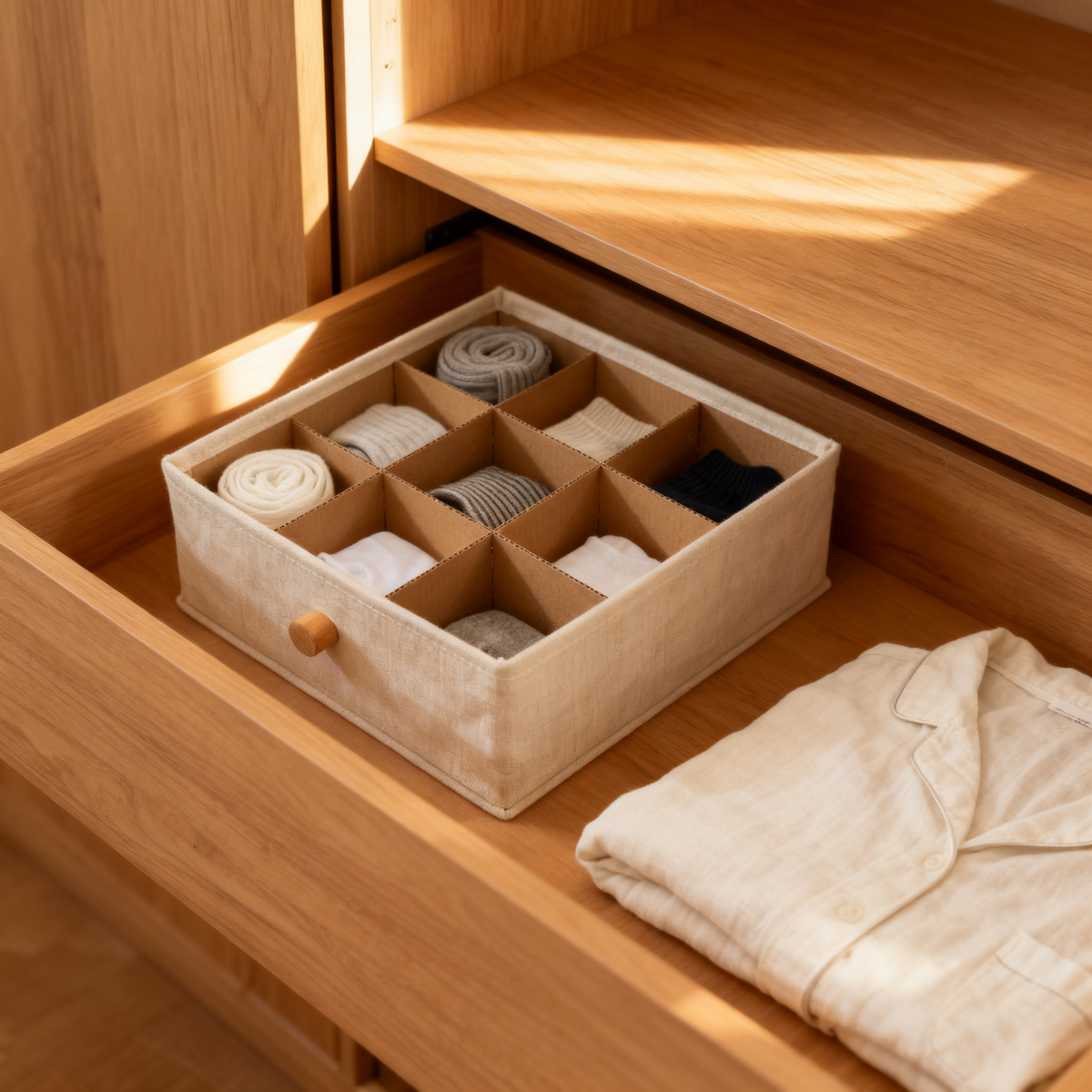 Sock Drawer Organizer — 6-Slot Bamboo Wood Divider Box with Removable Washable Cover
