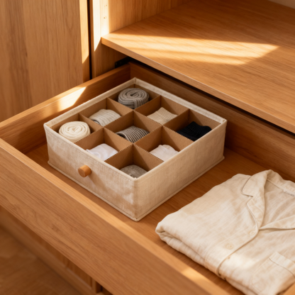Sock Drawer Organizer — 6-Slot Bamboo Wood Divider Box with Removable Washable Cover
