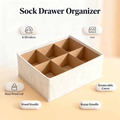 Sock Drawer Organizer — 6-Slot Bamboo Wood Divider Box with Removable Washable Cover