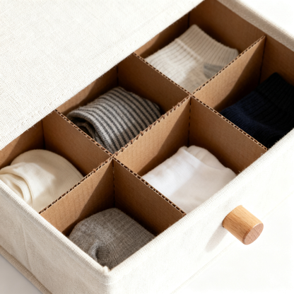 Sock Drawer Organizer — 6-Slot Bamboo Wood Divider Box with Removable Washable Cover