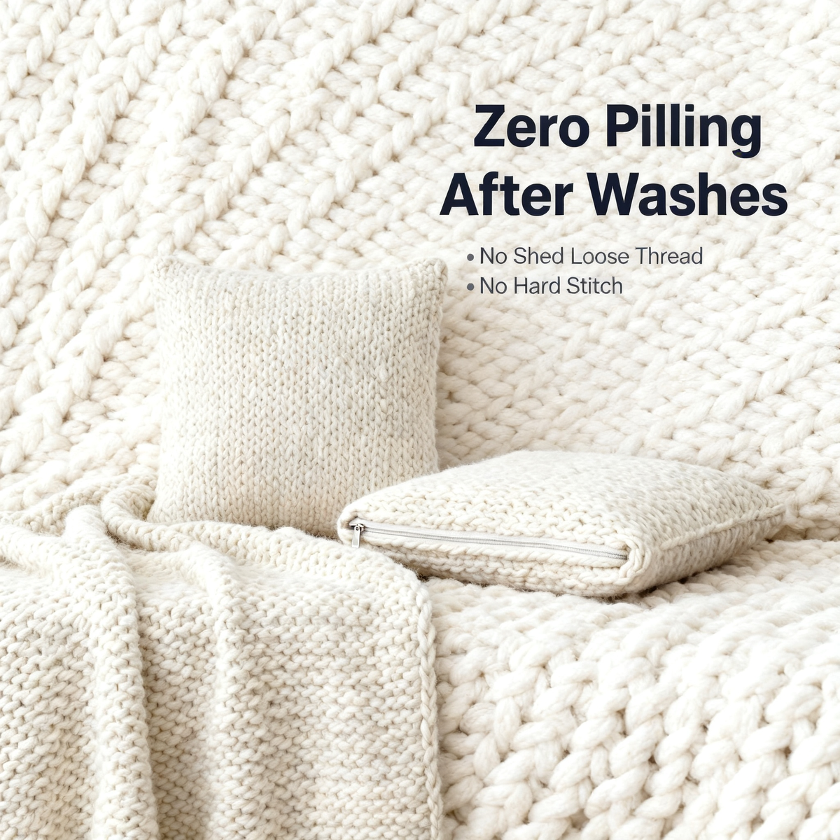 ☁️ Sink Into the Weekend — Chunky Knit Throw Blanket & Pillow Cover Set in Pre-Matched Cream White, Zero Pilling After Every Wash