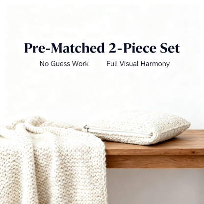 ☁️ Sink Into the Weekend — Chunky Knit Throw Blanket & Pillow Cover Set in Pre-Matched Cream White, Zero Pilling After Every Wash