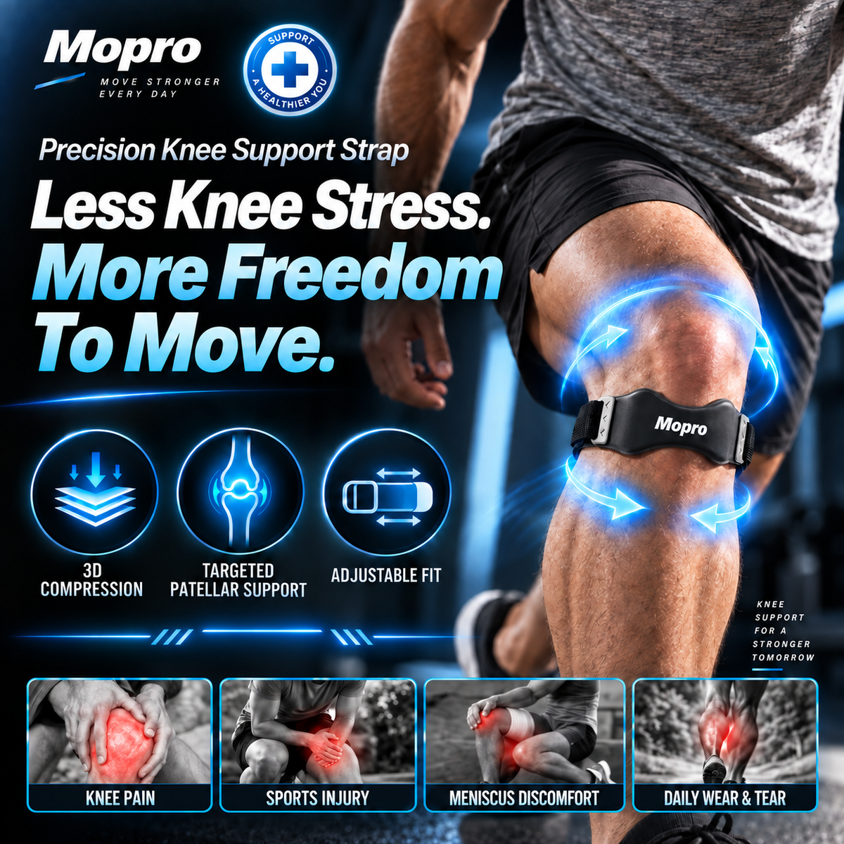 💧MoproPrecision Knee Support Strap – 2026 Upgraded Patella Support Band  Adjustable, Non-Slip, Shock-Absorbing & Breathable Knee Support for Running, Cycling & Fitness