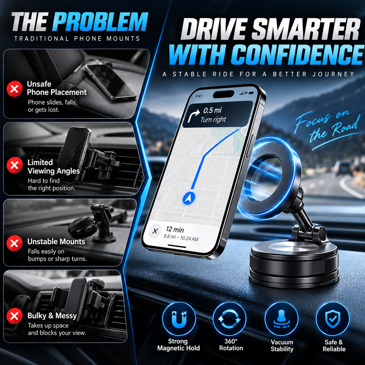360° Vacuum Magnetic Phone Mount – Adjustable Phone Holder for Car, Desk & Home