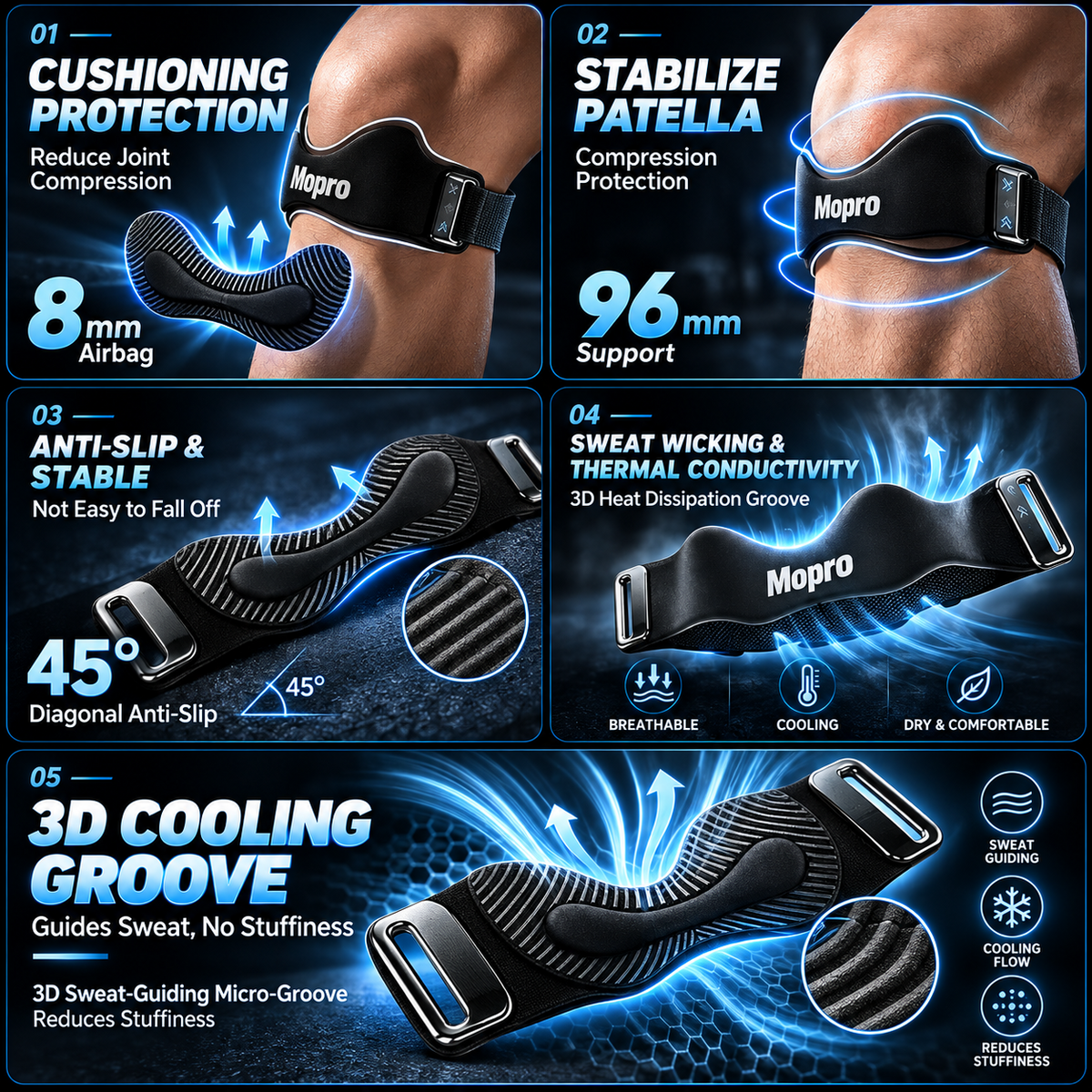 💧MoproPrecision Knee Support Strap – 2026 Upgraded Patella Support Band  Adjustable, Non-Slip, Shock-Absorbing & Breathable Knee Support for Running, Cycling & Fitness