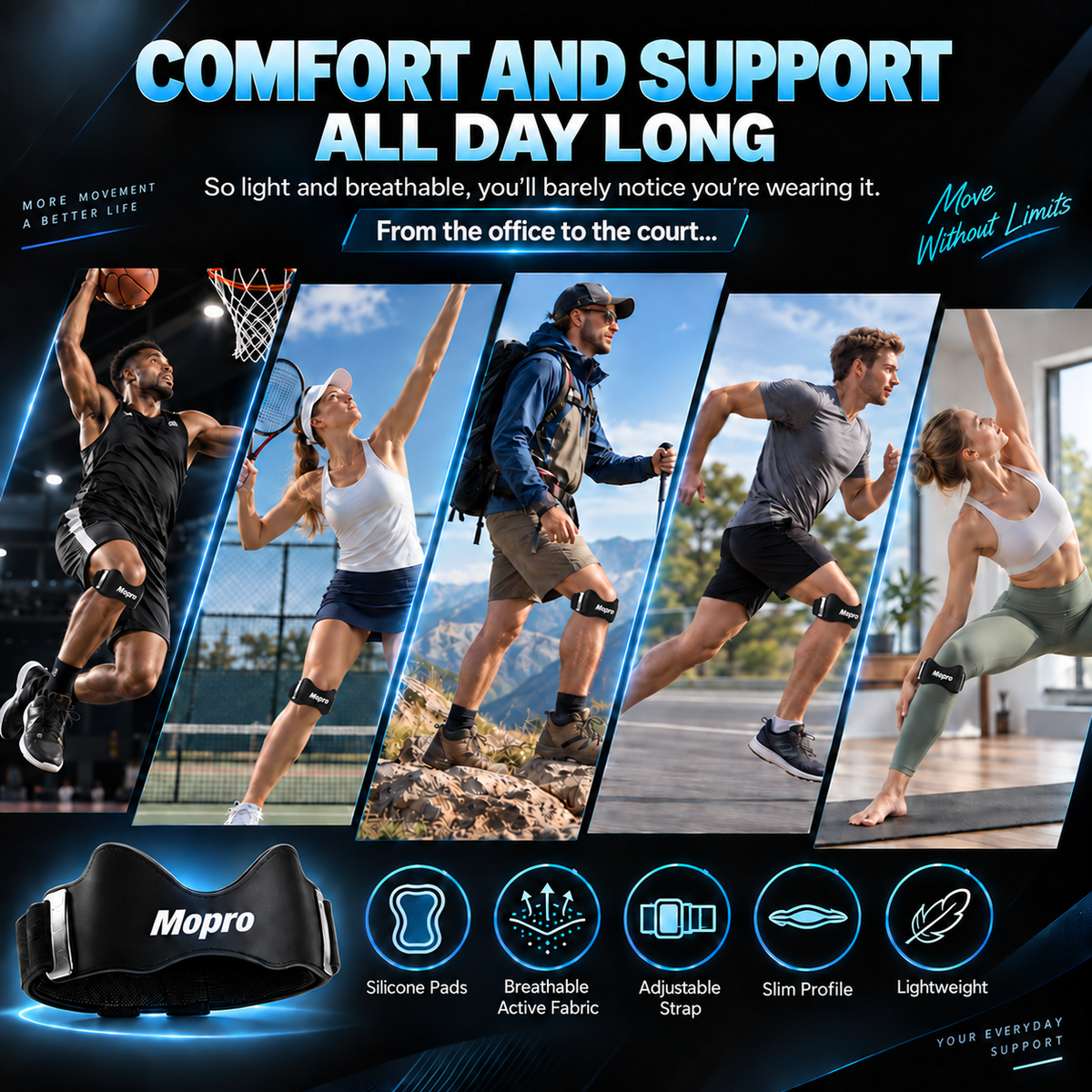 💧MoproPrecision Knee Support Strap – 2026 Upgraded Patella Support Band  Adjustable, Non-Slip, Shock-Absorbing & Breathable Knee Support for Running, Cycling & Fitness